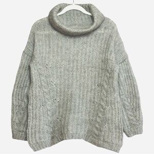 Womens L Gray Turtleneck Sweater 42” Hand Knit? Cable Open Knit Cozy Cowl Mohair